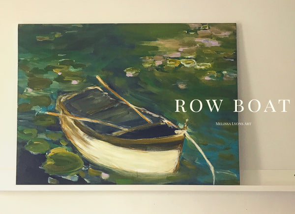Row boat with lily pads