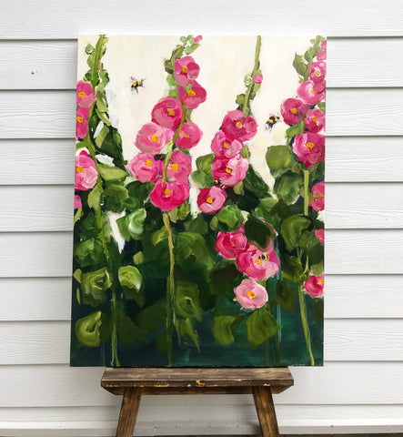 hollyhocks and bees