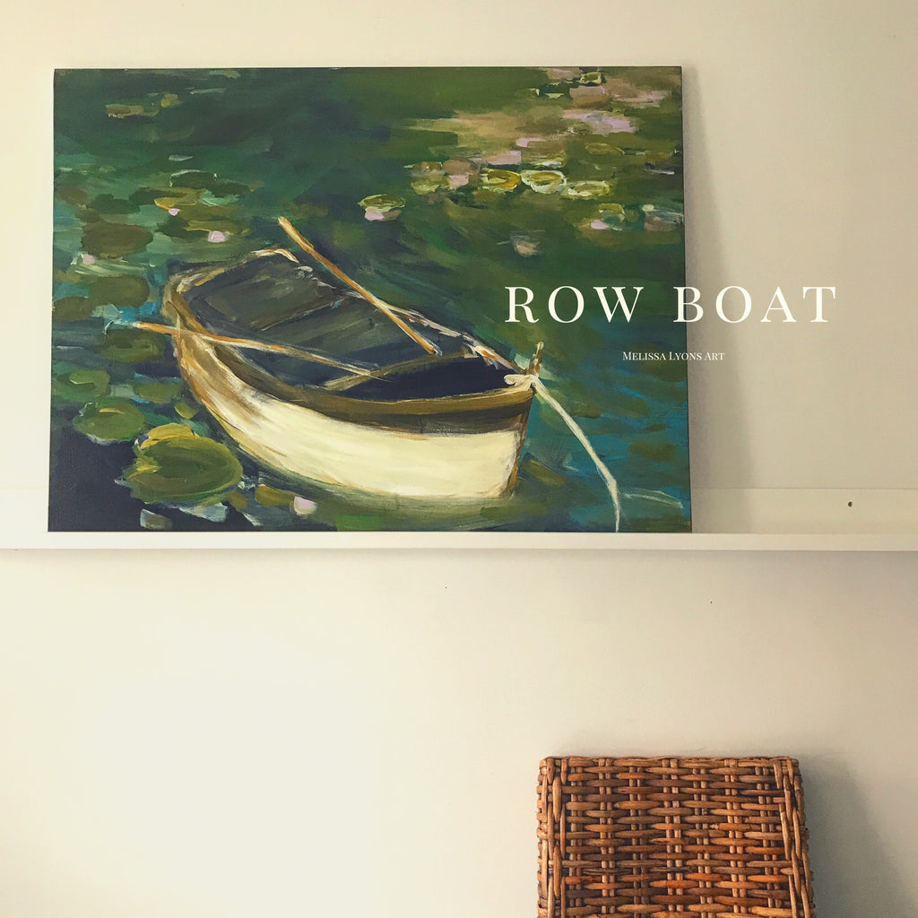Row boat with lily pads